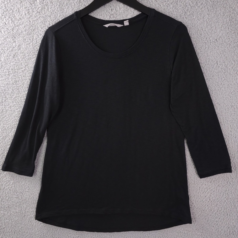 Athleta Shirt Womens Small Black Asana Scoop Neck 3/4 Sleeve Slub Cotton Top Tee